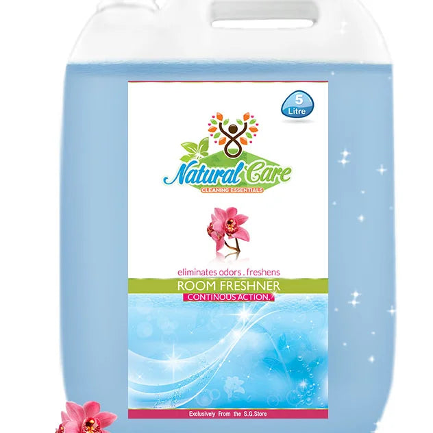 A 5 LITRES CAN of Natural Care Odor Removing Spray with a dark label and a floral graphic on the front, indicating it is used for room freshening.