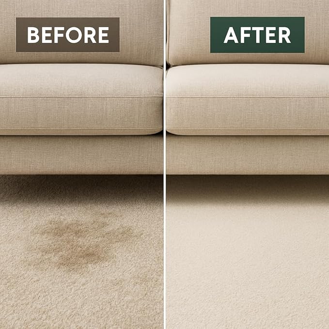 A split-screen comparison showing a beige upholstered sofa from the bottom edge up, with a stained beige carpet under a brown 'BEFORE' label on the left and a clean beige carpet under a green 'AFTER' label on the right.