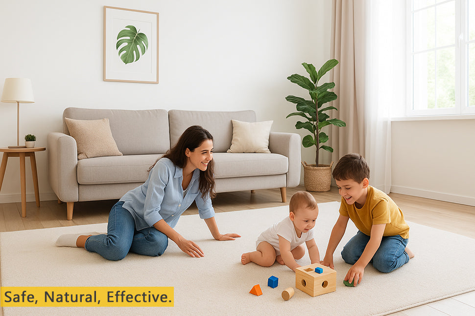 A woman and two children play with wooden blocks on a cream rug in a bright, modern living room. A yellow banner at the bottom reads 'Safe, Natural, Effective.