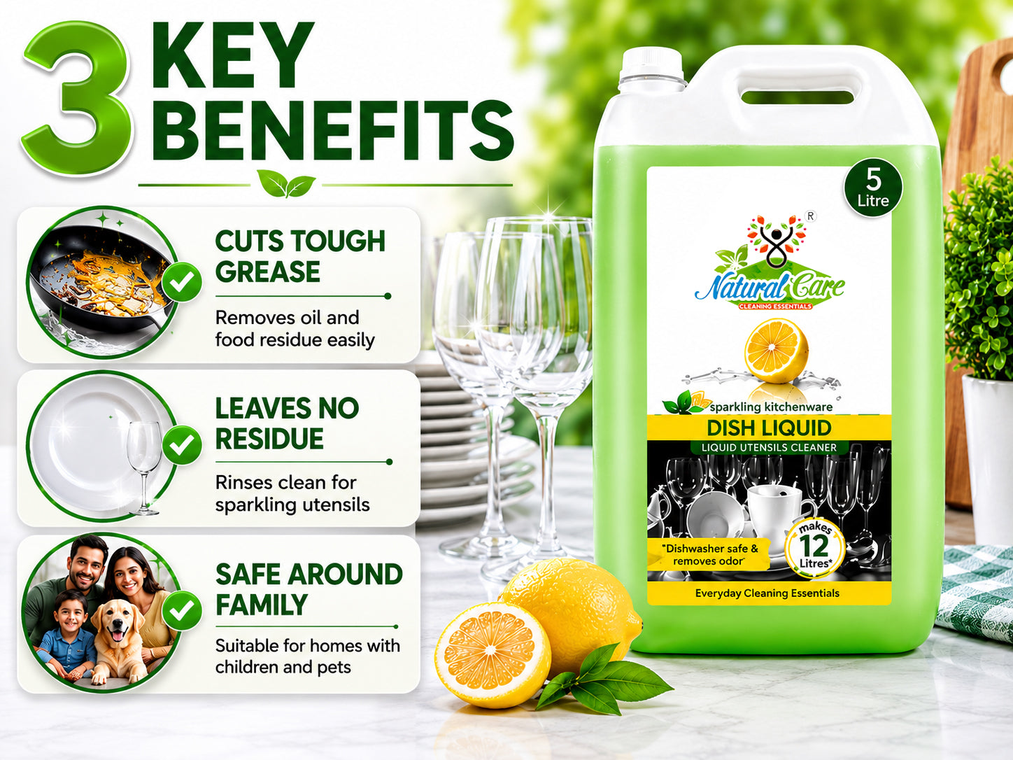 Natural Care Bio-Degradable Dishwash Gel | Superior Degreasing Formula | 500 ml x 2