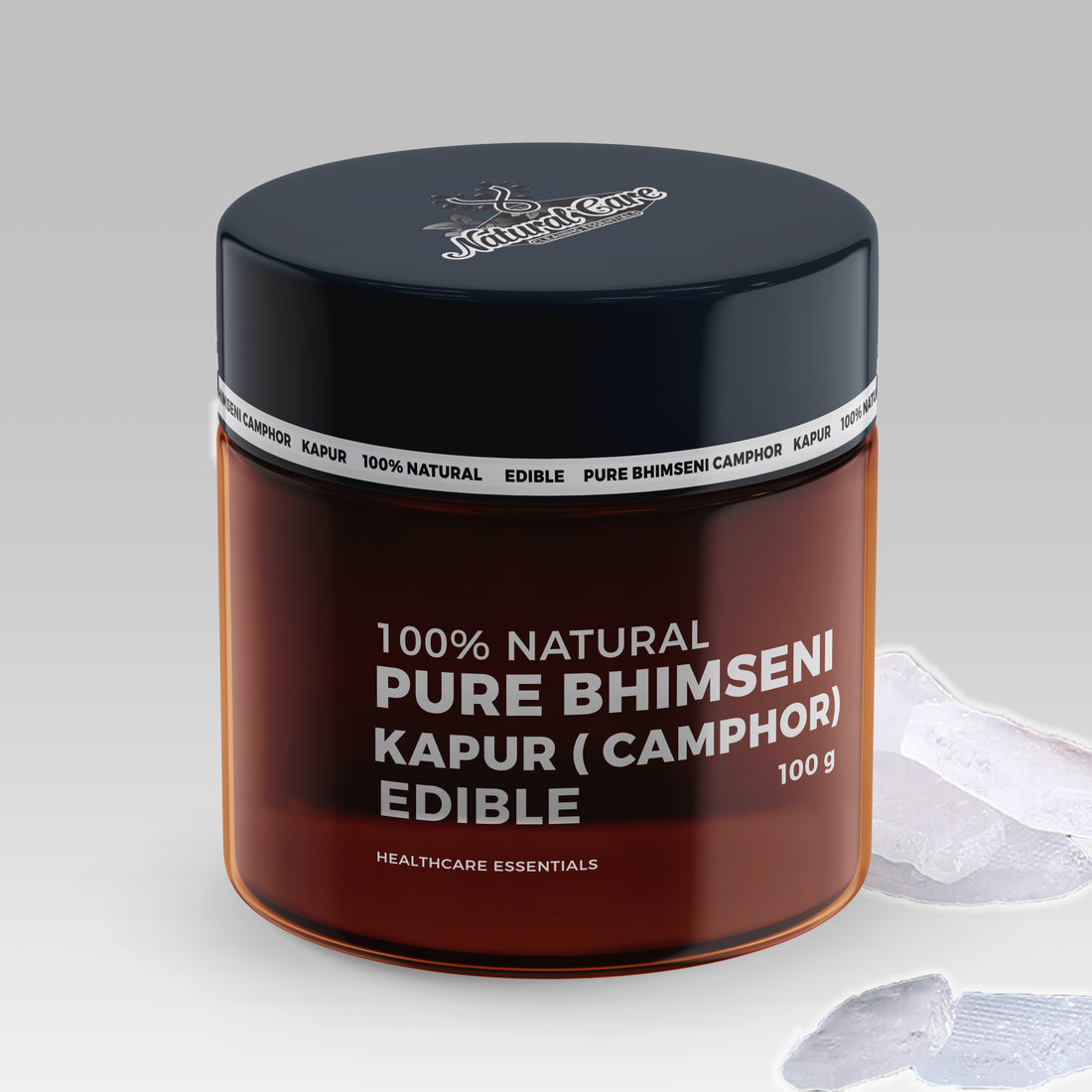100% Pure Natural Bhimseni Camphor crystals in premium packaging for spiritual puja and aromatherapy.