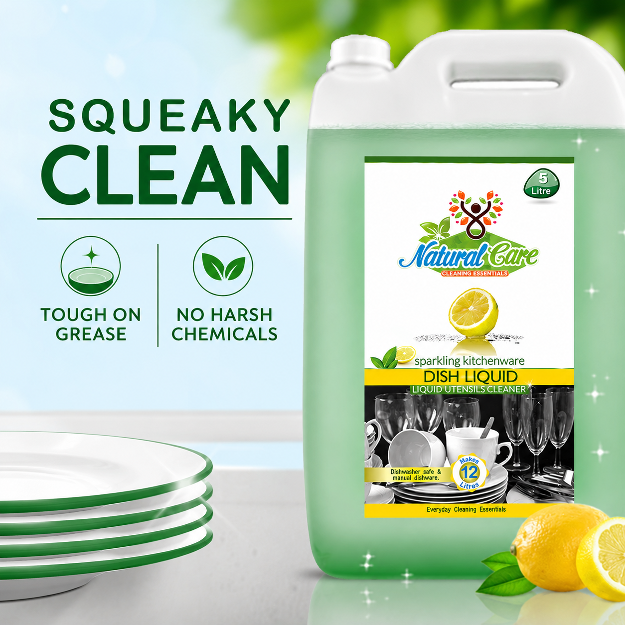 Natural Care Bio-Degradable Dishwash Gel | Lemon Variant | Powerful Degreaser | 5 Litre