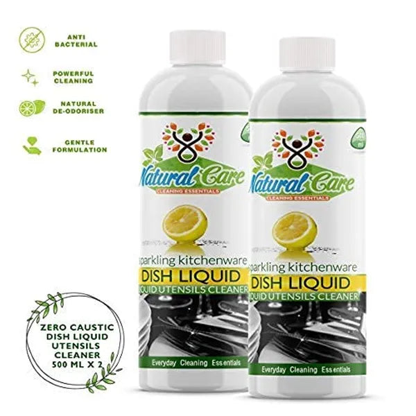Natural Care Natural Dishwashing Liquid Soap | Plant-Based Dishwash Gel | Sulfate-Free Kitchen Dish Cleaner | Lemon | 500 ml x 2