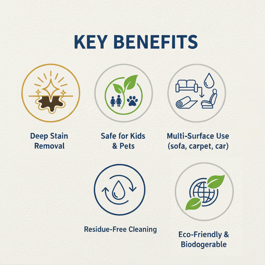 A clean infographic on a light warm background with the heading 'KEY BENEFITS' and five circular icons and text callouts for product benefits: deep stain removal, safe for kids & pets, multi-surface use, residue-free cleaning, and eco-friendly and biodegradable.