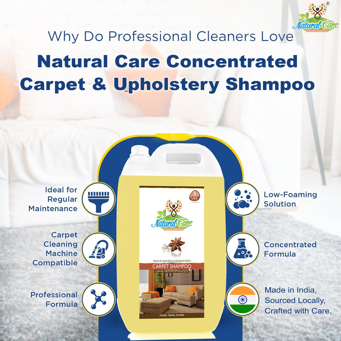 Natural Care Concentrated Carpet & Upholstery Shampoo in a large white plastic jug with a yellow label, shown on a light bedroom background with promotional text and feature icons.